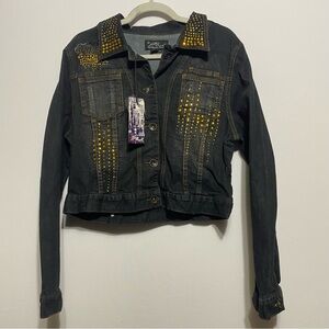 Platinum Plush Denim Embellished Jacket Size XL Gold Rhinestones
